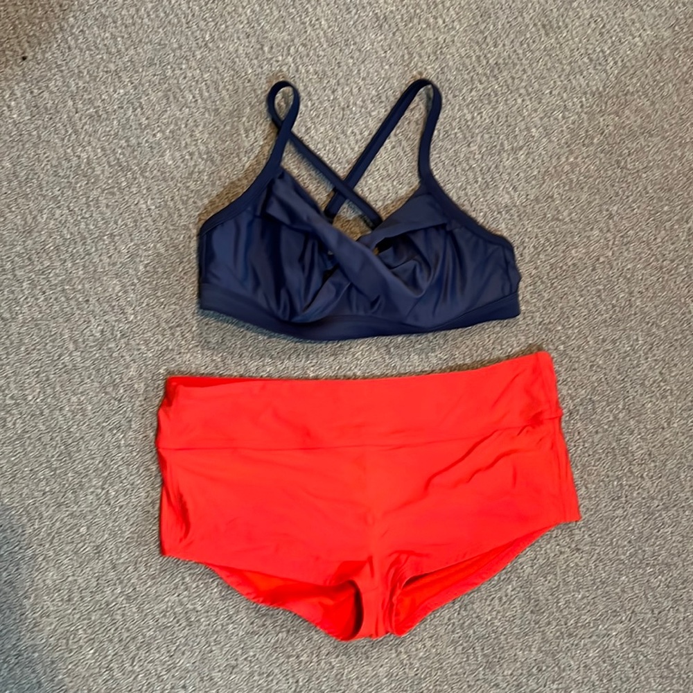 Athleta bikini blue top 36B/C red bottom L